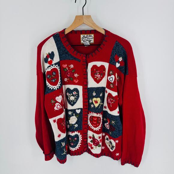 Vintage Heirloom Collections Heart Patchwork Embroidered Cardigan Sweater Size L - Picture 8 of 8
